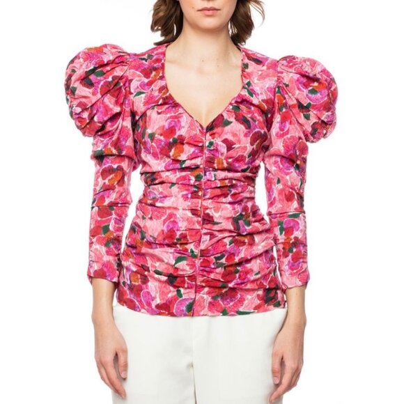Isabel Marant Mirnao Floral Puff Sleeve Silk Blend Ruched Top Pink Size 8 NWT - Picture 1 of 12